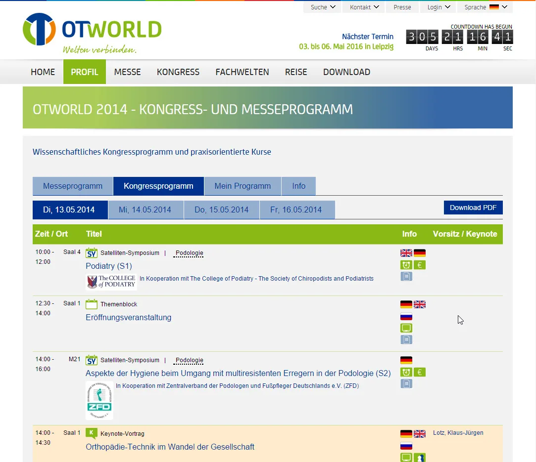 OTWorld: Kongress- und Messeprogramm in der Tagesansicht, mit PDF-Download