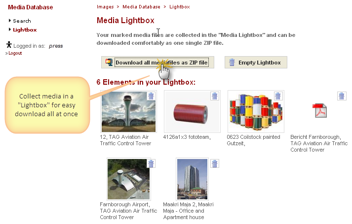 Mediendatenbank: Lightbox mit gesammelten Dateien und Download als einzelnes ZIP-Archiv